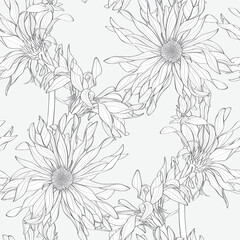 Seamless pattern with hand drawn gerbera flowers in sketch style. Grey nature background. Chamomile, chrysanthemum, gerbera.