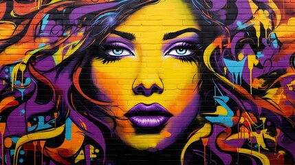 Fototapeta na wymiar Vibrant Urban Art: Graffiti on Brick Wall with Black, Yellow, Purple, Pink, and a Girl
