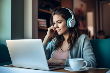 Relaxed woman in living room with laptop, headphones, and coffee.