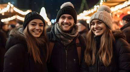 young friends happily meet happily at the Christmas market in the evening. Christmas and New Year concpet. 
