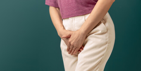 Women using Hands to Cover the Itchy area between their legs. Odor Smell Problems. Female Sexual...