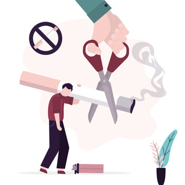 Unhappy man smoker with addiction. Hand of doctor or psychologist uses scissors and cuts huge cigarette. Bad unhealthy habit, narcotic dependence concept.