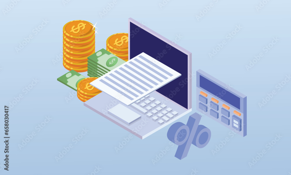 Poster creating an online statement using a laptop and a pile of coins and a calculator.on blue background.