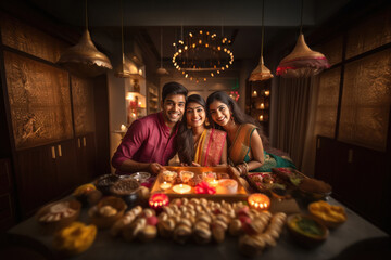 Indian people celebrating diwali festival together at home