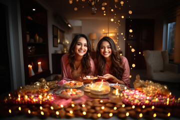 Two indian women celebrating diwali festival at home