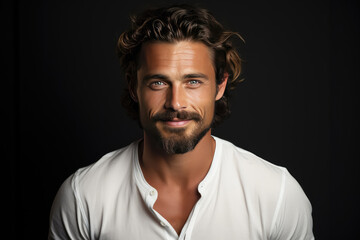 Young handome man smiling in white shirt over gray background