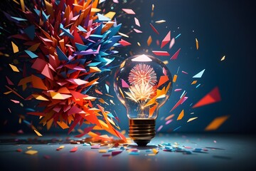 Witness the birth of ideas in a dazzling display! A light bulb explodes into vibrant colors, each shard representing a unique concept. Spark your imagination with this dynamic artwork. - obrazy, fototapety, plakaty