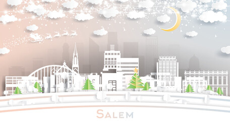 Salem Oregon USA. Winter City Skyline in Paper Cut Style with Snowflakes, Moon and Neon Garland. Christmas and New Year Concept. Salem Cityscape with Landmarks.