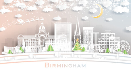 Birmingham UK. Winter City Skyline in Paper Cut Style with Snowflakes, Moon and Neon Garland. Christmas and New Year Concept. Birmingham Cityscape with Landmarks.