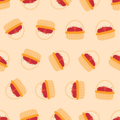 Apples in the basket seamless pattern. Suitable for backgrounds, wallpapers, fabrics, textiles, wrapping papers, printed materials, and many more.