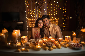 Obraz na płótnie Canvas Indian man and woman celebrating diwali festival together at home