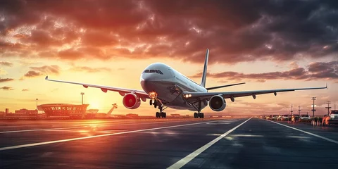 Fotobehang Sunset departure. Modern airplane taking off at airport. Aviation adventure. Jet plane ready for takeoff. Passenger flight at sunrise. Business travel. Airliner on runway © Thares2020