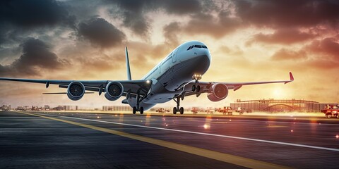 Sunset departure. Modern airplane taking off at airport. Aviation adventure. Jet plane ready for takeoff. Passenger flight at sunrise. Business travel. Airliner on runway - obrazy, fototapety, plakaty