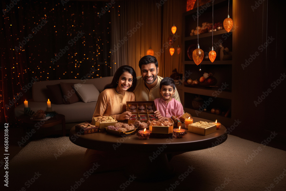 Poster indian family celebrating diwali festival.