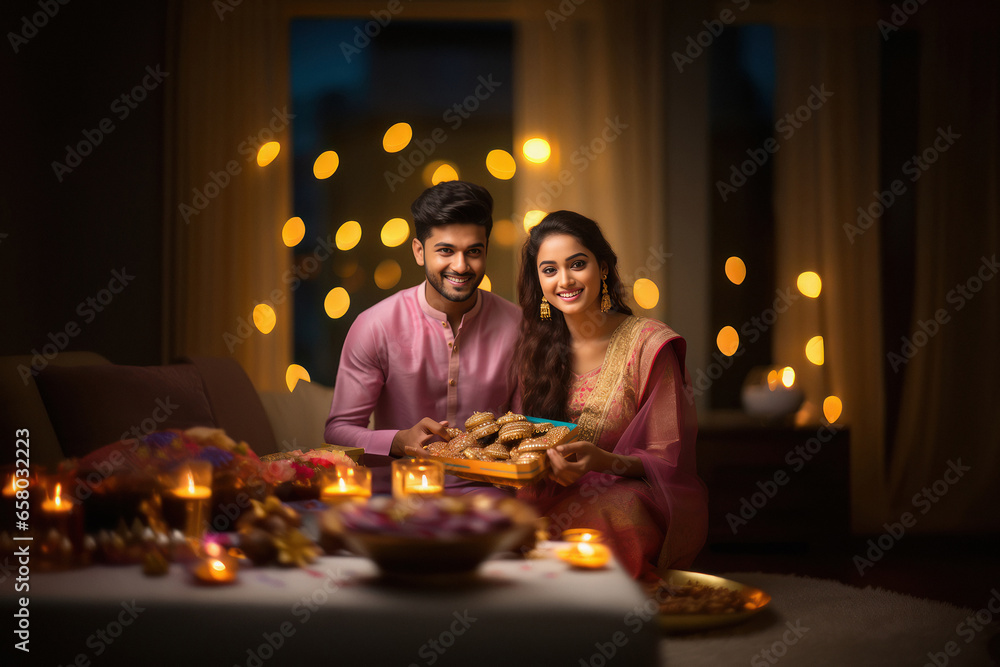 Wall mural young indian couple celebrating diwali festival.