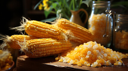 close up photo of corn on wooden table - Powered by Adobe