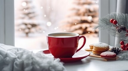 Hot drink in red cup on table near window view with snowy in winter season,New year and Christmas day. Generative Ai