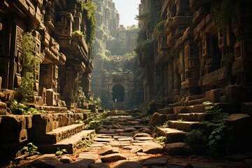 Ancient temple's ruins with intricate stone carvings and columns, Generative AI