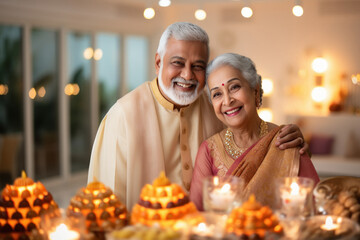 Indian senior couple celebrating diwali festival - obrazy, fototapety, plakaty