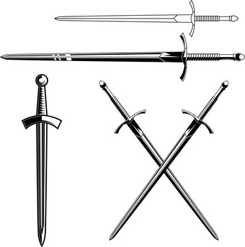 Set of illustrations of knights swords. Design element for emblems, sign, banner. Vector illustration