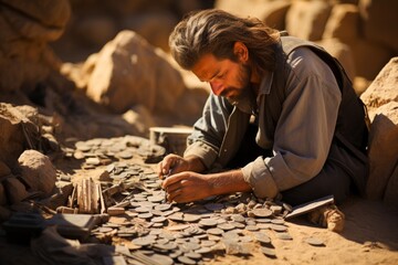  Archaeologist carefully cataloging ancient coins found at a site, Generative AI - obrazy, fototapety, plakaty