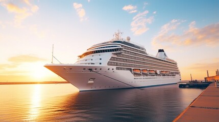 A large, white cruise ship stands near the pier at sunset, side view. Summer vacation, travel, adventure, hot tour .
