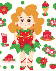 Seamless pattern with strawberry princesses, strawberries, cakes, drinks and flowers. Strawberry princess in cartoon style. Cute girls in red dresses among strawberries. Strawberry textile pattern.  © nhjenny