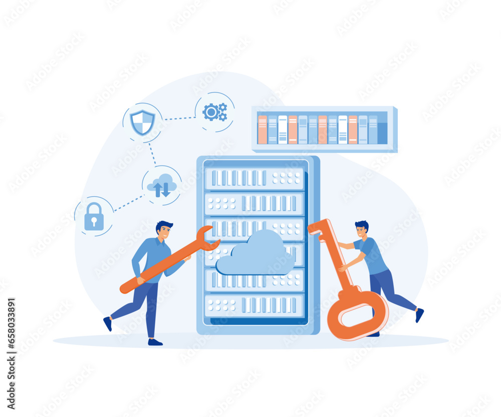 Poster server security concept, showing the server is being maintained by a network administrator, flat vec