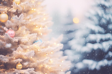 Fototapeta na wymiar Big Christmas tree outside on a snowy night