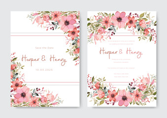Fototapeta na wymiar Wedding invitation template with pink flowers