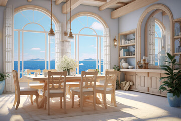 Fototapeta na wymiar Interior design of kitchen and dining room with large window.