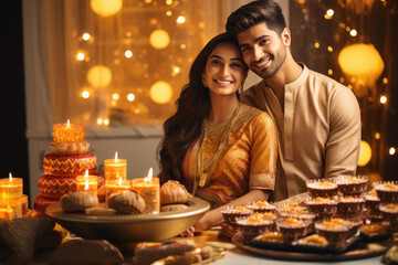 indian couple celebrating diwali festival.