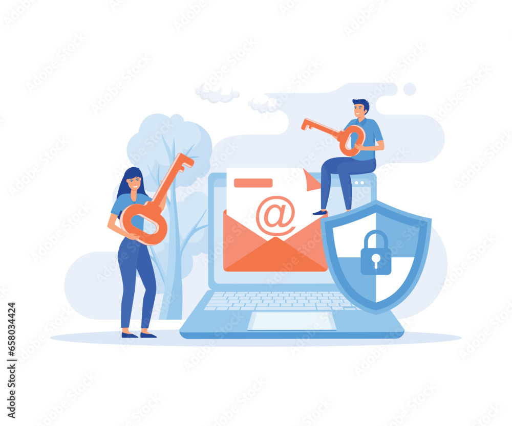 Poster email encryption concept. secure, encrypted messages, emails, protecting computer data, flat vector 
