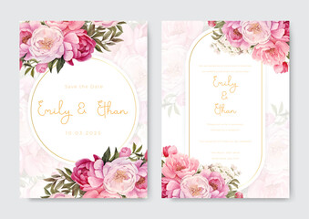 Wedding invitation template elegant wedding stationery with pink flower and leaves - obrazy, fototapety, plakaty