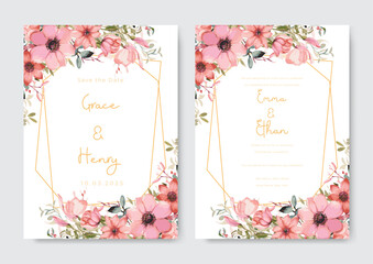 Fototapeta na wymiar Wedding invitation template with floral feather watercolor