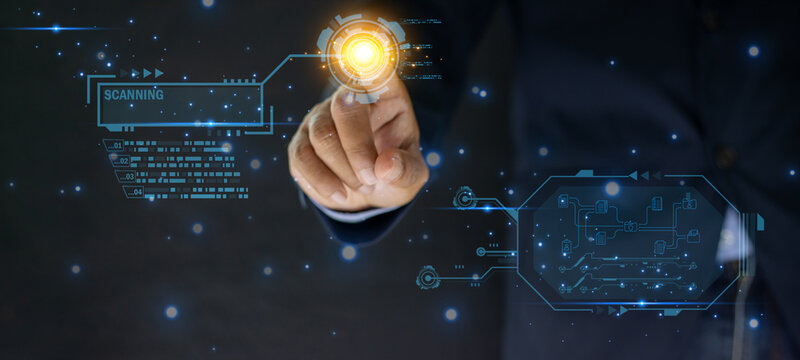 Data engineer using fingerprint technology in a server room to access data connecting with database for process with technology processor to plan business information data and security of data center.