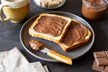 Sandwich with chocolate paste . Breakfast. Vegetarian food.