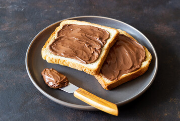 Sandwich with chocolate paste . Breakfast. Vegetarian food.