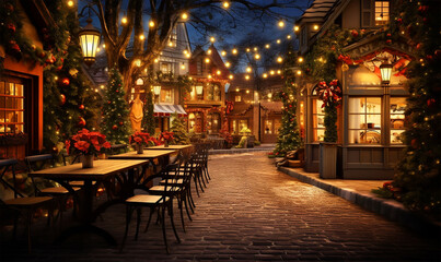 Fototapeta premium village square adorned with twinkling Christmas lights