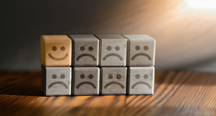 wooden cubes with sad faces and one happy - psychological help concept