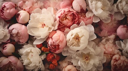 Old-World Peonies Clustered at the Top Center: Creating a harmonious flow against a parchment-like backdrop