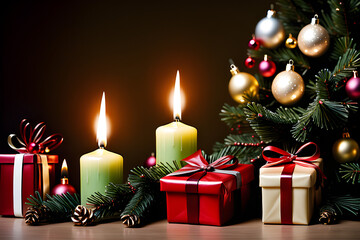 Fototapeta na wymiar christmas tree with candles and gifts Generative AI