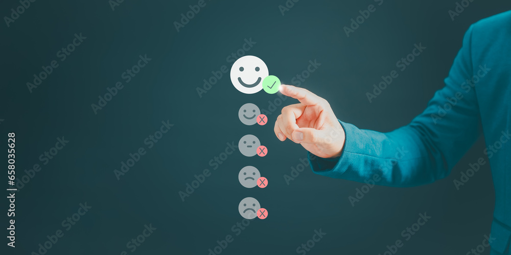 Aufkleber user hand touching the virtual screen on happy smile face icon to give satisfaction in service. onli