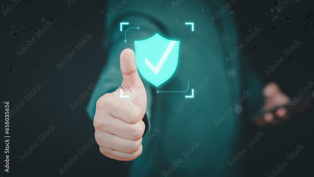 Aufkleber Male hand show the warranty identity proof icon for security protection system on virtual screen. Quality assurance of business service. Certified guarantee approval or secure access system concept.