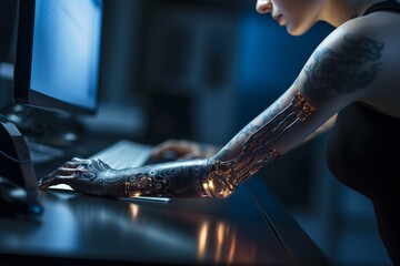 Generative AI young woman with futuristic arm prosthesis works on computer indoor. A girl with disabilities. Technologies of the future. Smart iron arm prosthesis.