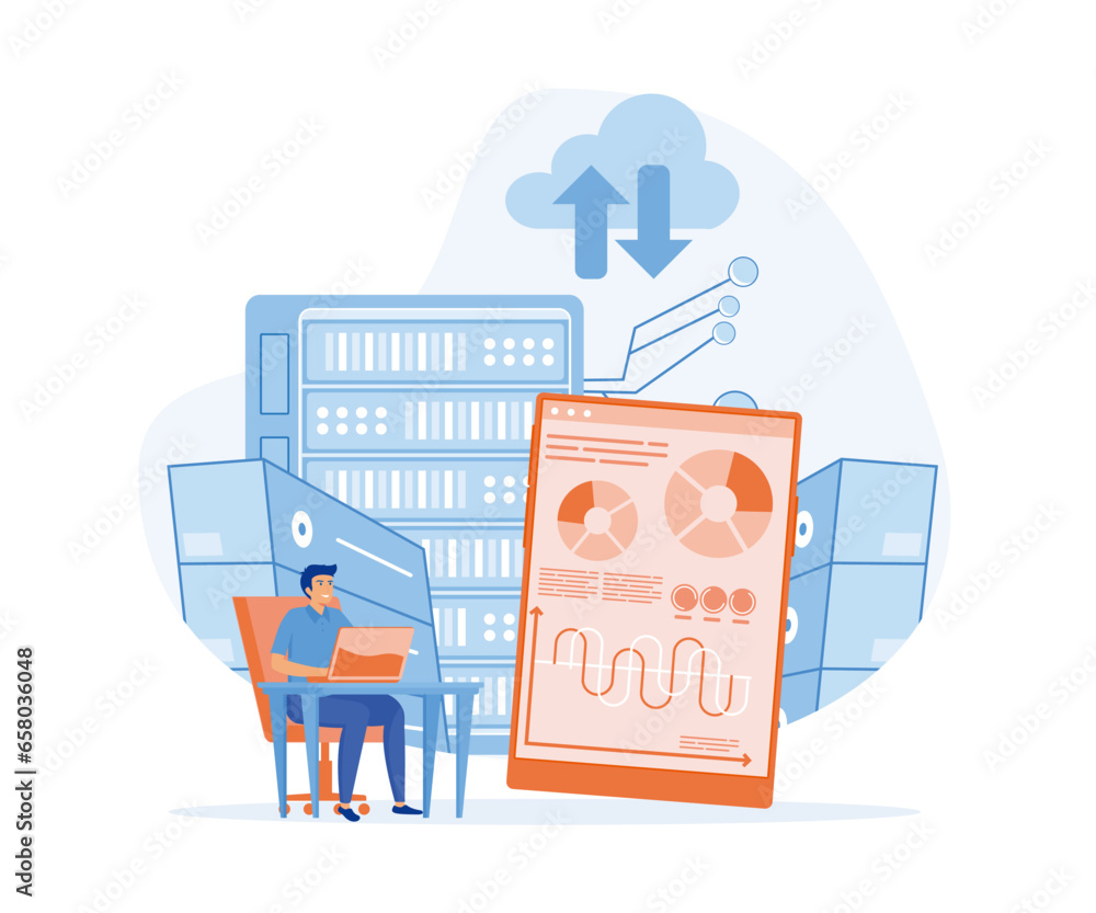 Poster data center technology concept, man engineer maintains server room and controls performance of hardw
