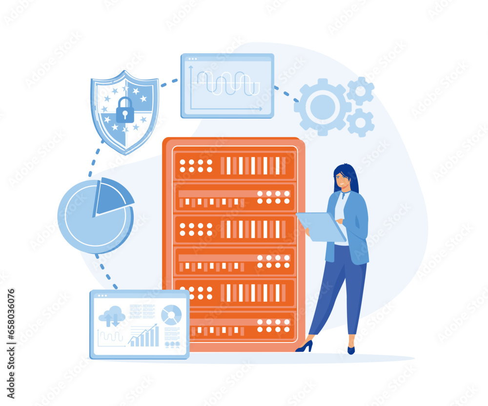 Poster server maintenance with monitoring tools. managed server service solution, flat vector modern illust