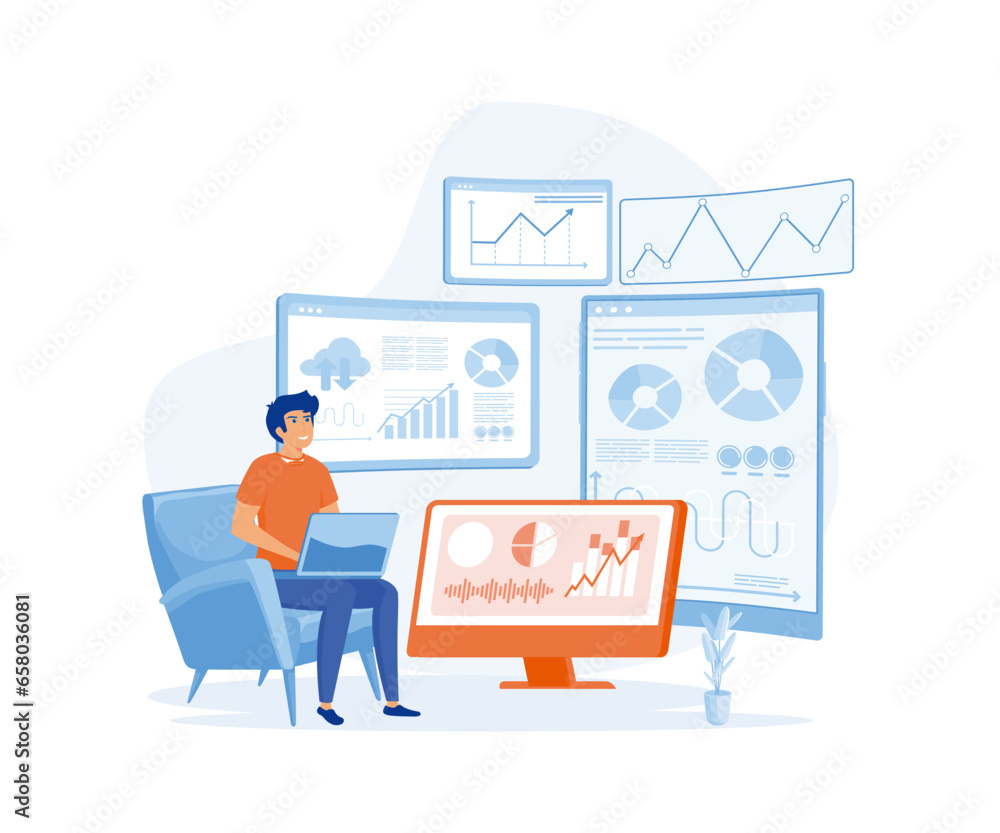 Poster man working in data center room hosting server, computer monitoring information database, flat vecto