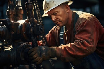 Oil worker makes repairs in an oil well while working on a pipe.