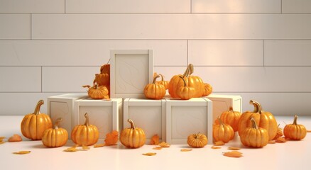 Orange pumpkins, leaves and brown box framed on a white wooden table.